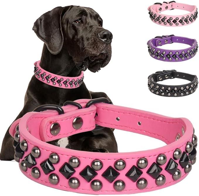 Serijoars Spiked Studded PU Leather Dog Collar for Small, Medium, Large Breeds, Pit Bull, Bully, Husky, Terrier, Adjustable (Hot Pink, S (27-33CM))
