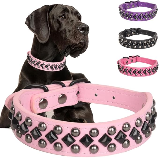 Serijoars Spiked Studded PU Leather Dog Collar for Small, Medium, Large Breeds, Pit Bull, Bully, Husky, Terrier, Adjustable (Pink, S (27-33CM))