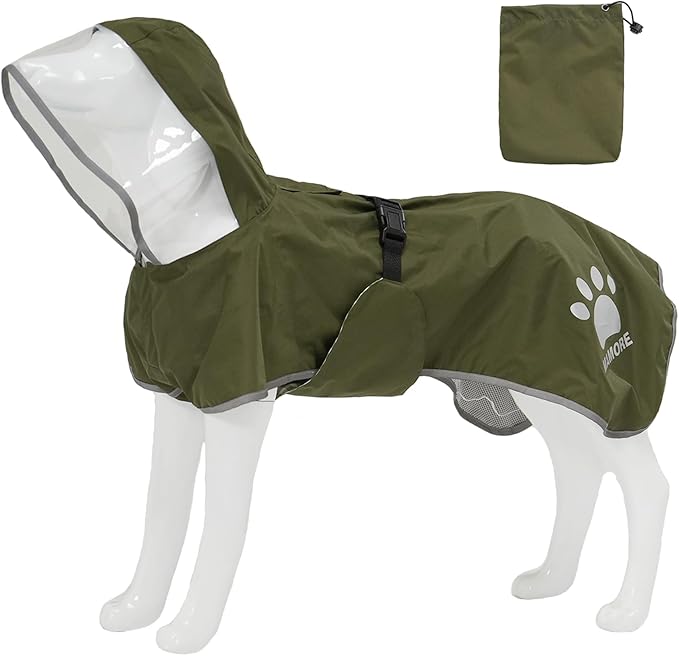 MAMORE Dog Raincoat Hooded Rain Jacket for Small Medium Large Dogs Slicker Poncho Bottom Waterproof Adjustable Reflective Breathable Leash Hole (Army Green, Small)