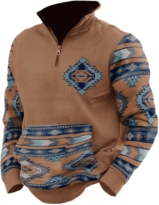 HOTYD Aztec Cowboy Mens Hoodie Vintage Graphic Western Hoodies Casual Long Sleeve 1/4 Zip Pullover Mens Country Jacket