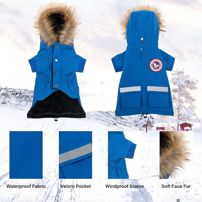 PINA Small Dog Coats - Waterproof & Windproof Dog Jacket with Pocket, Warm Flannel Lining & Faux Fur Hood for Cold Weather & Snow
