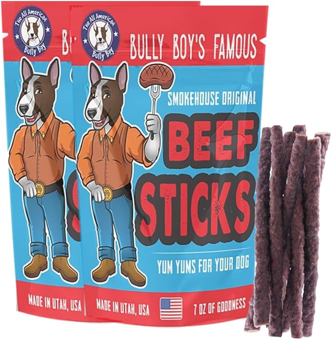 Bully Boy's Famous Beef Sticks Dog Treats | Free from Wheat, Corn, Soy, or Gluten | USA Sourced Ingredients | with Smokehouse Beef | Made in Utah | 7 oz - 2 Pack