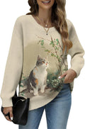 Women's Cat Printed Sweater Oversized Cable Knit Long Sleeve Christmas Clothes Casual Autumn Winter Fashion Tops