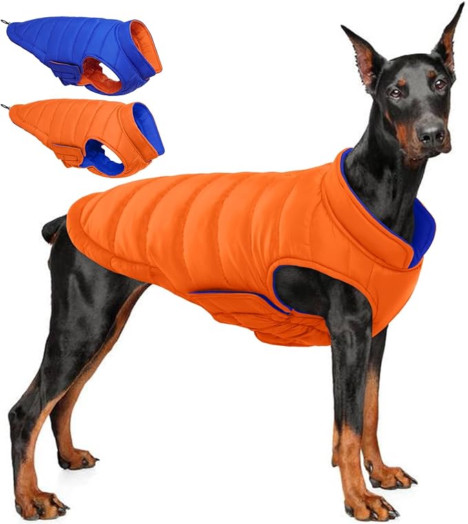 QBLEEV Reversible Dog Winter Coat, Waterproof Windproof Dog Jacket with Adjustable Fit & Leash Hole, Lightweight Warm Puffer Vest for Large Breeds, Orange, 2XL – Fits Labrador, Husky, Weimaraner