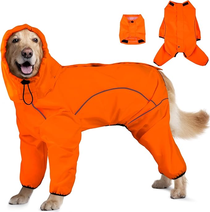Dog Raincoat, Waterproof Dog Rain Jacket with Removable Hood，Adjustable 4 Legs Pet Poncho with Leash Hole，Reflective Stripe Hooded Snowproof Windproof Clothes for Small to 3X-Large Dogs, L