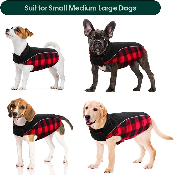 Kuoser Dog Winter Coat, Reversible Waterproof Dog Jacket with Reflective Strip, Warm Dogs Fleece Vest Adjustable Doggy Cold Weather Clothes Plaid Christmas Outfit Pet Apparel for Medium Dogs, Red M