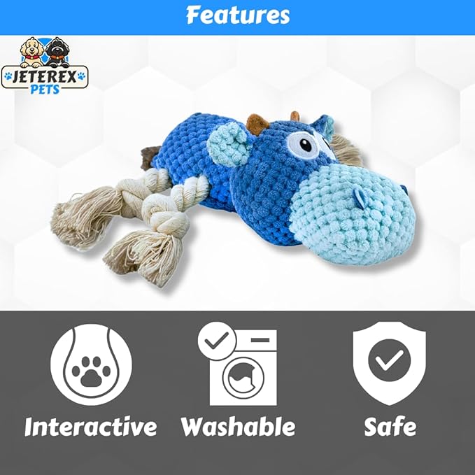 Large Dog Toy - Blue Cow Squeaky Dog Toys for Large Dogs, Medium and Small Dogs. Interactive with Pineapple Plush Fabric, Rope Legs, Hidden Seams, Crinkle Paper, Embroidered Eyes