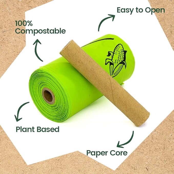 Ley's Compostable Dog Poop Bags, Plant-Based Biodegradable Doggie Waste Bags with Easy Tie Handles, Unscented, Vegetable-Based, Dog Bags Refill Rolls