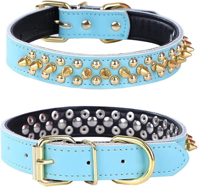 Adjustable Genuine Leather Spiked Studded Dog Collars for Small Medium Large Pets Like Pit Bull Bulldog Pugs Husky (M, Light Blue2)