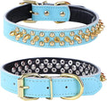 Adjustable Genuine Leather Spiked Studded Dog Collars for Small Medium Large Pets Like Pit Bull Bulldog Pugs Husky (S, Light Blue2)