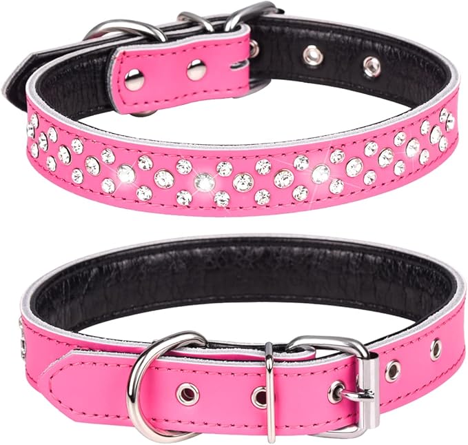 Rhinestones Dog Collar, Adjustable Sparkly Crystal Studded Genuine Leather Pet Dog Collar for Small and Medium Dogs (S, Hot Pink)