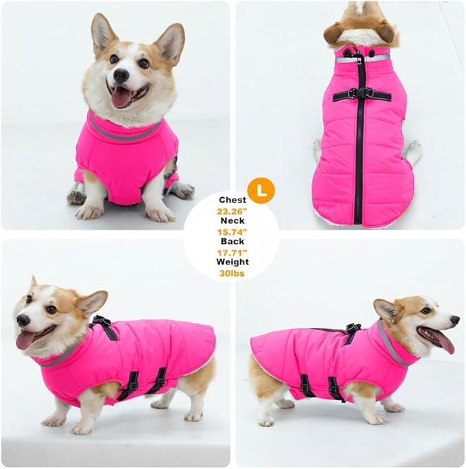 Dog Coat with Harness Built-in, Waterproof Reflective Fleece Lined - Warm Windproof Winter Jacket with Back Zipper, Cold Weather Snow Dog Coats - Pink - L