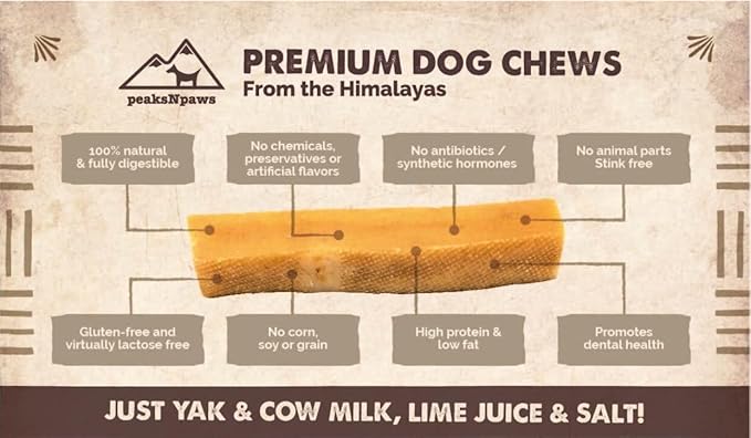 peaksNpaws Himalayan Dog Chew, Yak Cheese Dogs Treats, High Protein, Long Lasting Chews, Natural, Lactose Free Dogs Treat for Aggressive Chewers Over 80 lbs, 16 Jumbo Treats