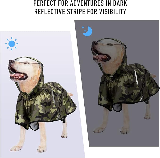 Dog Raincoat with Adjustable Belly Strap and Leash Hole - Hoodie with Reflective Strip - Waterproof Slicker Lightweight Breathable Rain Poncho Jacket for Medium Large Dogs - Easy to Wear
