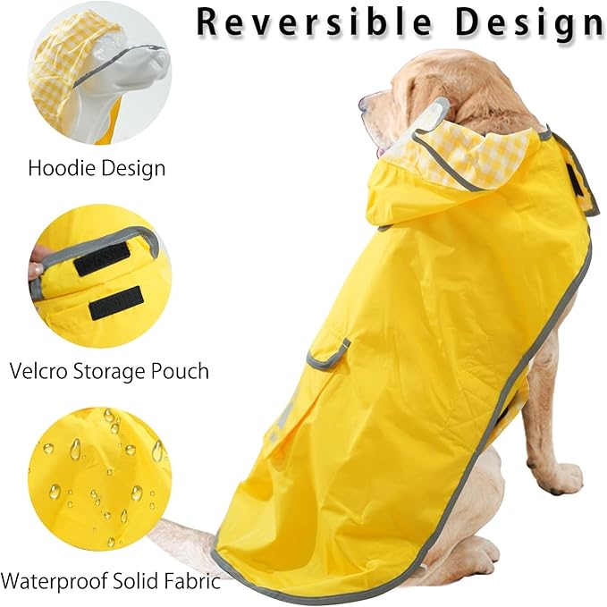 MAMORE Dog Raincoat Reversible,Waterproof Dog Rain Coat Hooded Slicker Poncho with Reflective Strip, Plaid Double Layer Rain Jacket for Small Medium Large Dogs (Yellow, X-Large)