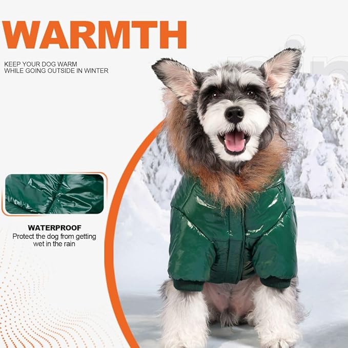 PINA Dog Winter Coat with Faux Fur Hood, Windproof and Warm, Suitable for Small to Large Dogs, Green, Large