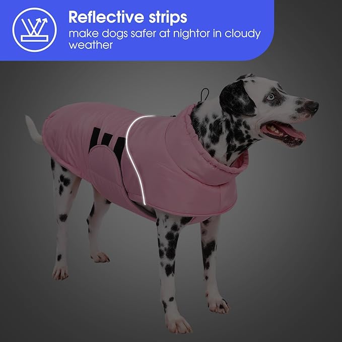 ASENKU Extra Warm Dog Coat with Fleece, Reflective Puffer Jacket, Adjustable with Zippered Leash Hole for Large Dogs, Winter Clothes (Pink, 2XL)