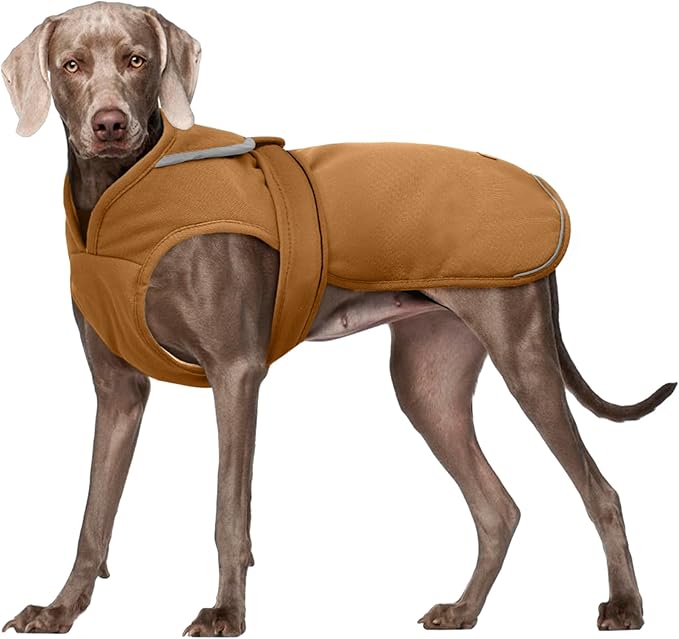 Kuoser Canvas Dog Coat, Warm Dog Jacket Reflective Fleece Pet Cold Weather Coat, Warm Doggie Clothes Waterproof Winter Vest with Zipper Leash Hole for Small Medium Large Dogs, Brown L