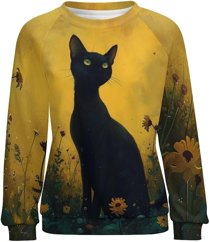 Long Sleeve Shirts for Women Cat Oil Painting Shirt 3D Graphic Sweatshirts Fall Pullover Crewneck Vintage Boho Tops