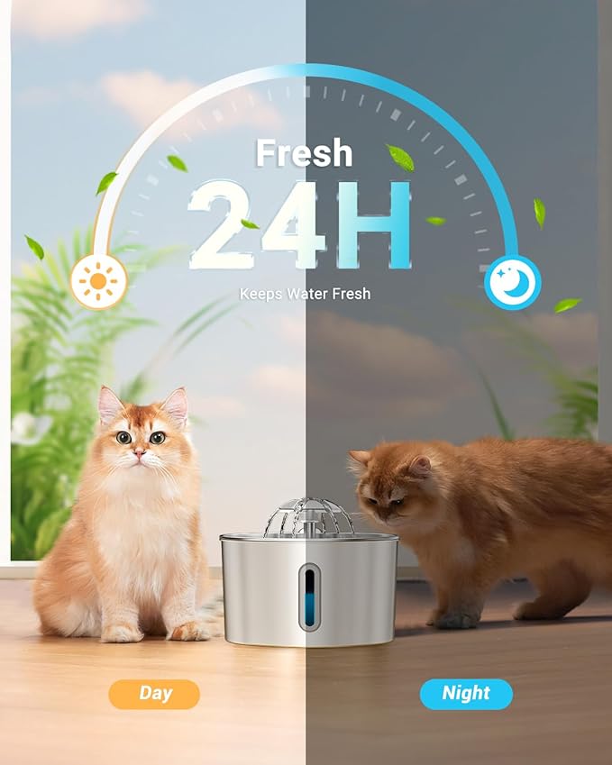 Cat Water Fountain Stainless Steel - 74oz/2.2L Corded Pet Water Dispenser Automatic Silent Cats Dispenser for Drinking Inside Indoor Metal Kitty Spout Fountain with 3 Filters & 3 Sponges