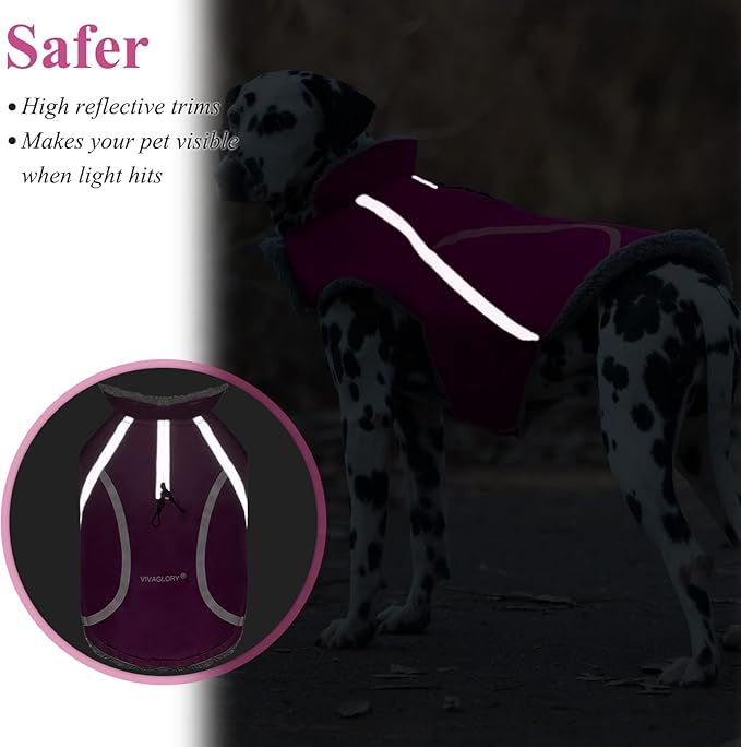 VIVAGLORY Frostfit Dog Coat, Dog Jacket for Winter & Cold Weather, Warm Fluffy Fleece Lined Water Resistant Reflective for Puppy, Coat with Velcro Fastening & Leash Hole, M+, Fuchsia