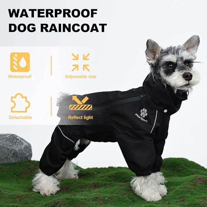 PINA Dog Raincoat & Jacket with Hood & Leash Hole, Lightweight Dog Poncho with Reflective Strap & Pocket for Wet Weather, Full Wrap Design for Full Protection