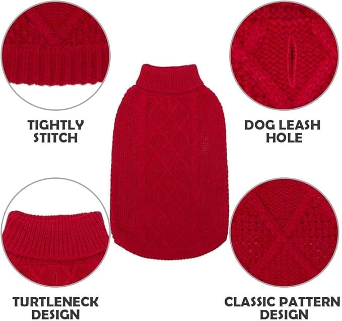 Mihachi Turtleneck Dog Sweater - Winter Coat Apparel Classic Cable Knit Clothes with Leash Hole for Cold Weather, Ideal Gift for Pet in New Year Red Medium/Large