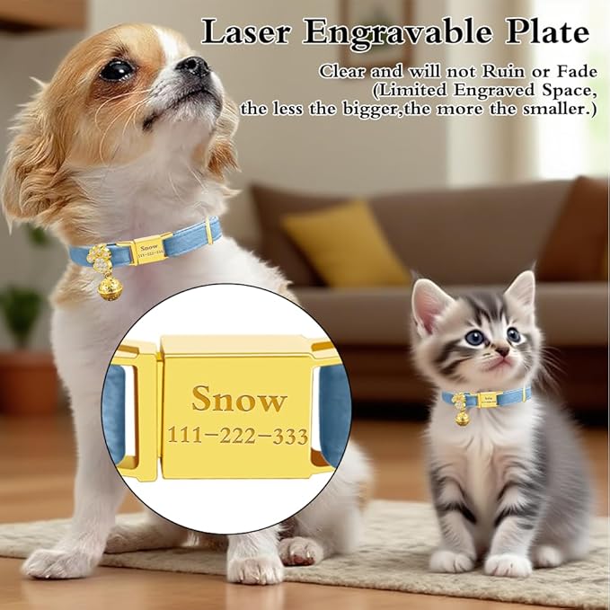 Personalized Breakaway Cat Collars - Magnetic Buckle, Bell - Safety Quick Release, Customized for Girls & Boys Cats- (Velvet-Sky Blue)