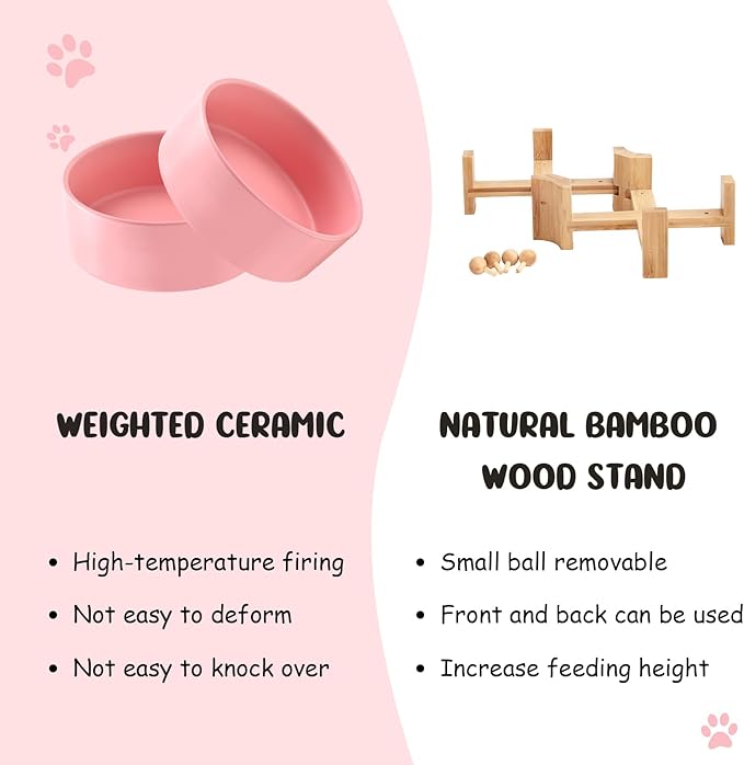 SPUNKYJUNKY 15° Slanted Ceramic Dog and Cat Bowl with Wooden Stand, Tilted Bulldog Food and Water Bowl No Slip Non-Spill for Cats Medium Dogs Big Face Pets 28.7 OZ (3.6 Cups, Pink × 2)