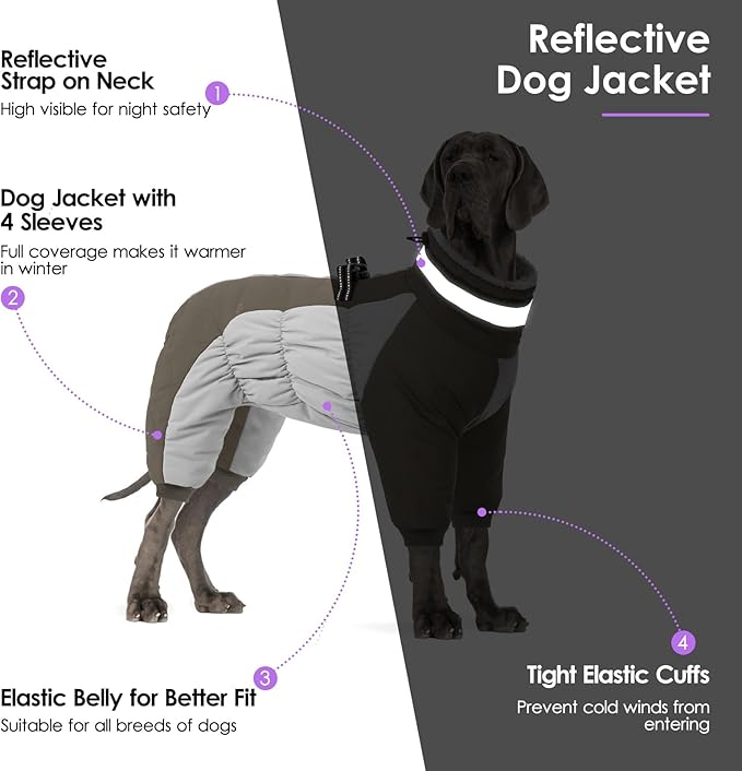 SUNFURA Full Body Dog Coat - Warm Fleece Jacket for Large Dogs, Turtleneck Winter Coats with Harness, Reflective Windproof Dog Snowsuit with Legs for Labrador,Golden Retriever, Army Green 2XL