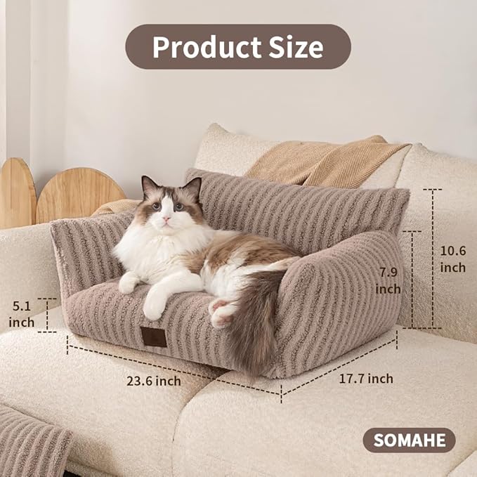 Cozy Couch for Cats Fluffy Pet Sofa with Premium Soft Fleece Fuzzy Cat Beds for Indoor Cat with Removable Washable Cover Supportive Pet Bed 24×18inch Beige