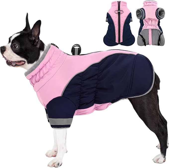 AOFITEE Dog Coat - Two Legged Medium Dog Winter Jacket - Zip Up Dogs Cold Weather Coat with Harness, Warm Pet Puffer Jackets Reflective Pet Snow Coats for Pug, Jack Russell, Boston Terrier, PinkNavy M