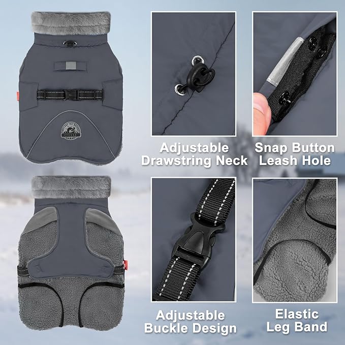 KYEESE Waterproof Dog Coat, Windproof Warm Winter Jacket with Thick Fleece Lined, Turtleneck Dog Coats for Small Dogs with Leash Hole, Reflective Outdoor Cold Weather Coat, Gray, Medium