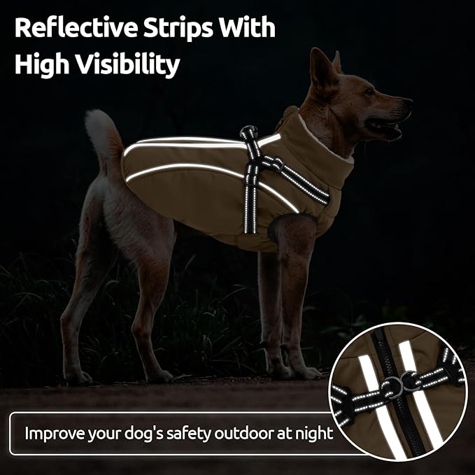 Dog Winter Coat with Harness Built in Warm Puffer Dog Jackets for Small Medium Large Dogs Windproof Waterproof Outfit with Plush Lining and Reflective Stripes (Brown, XS)