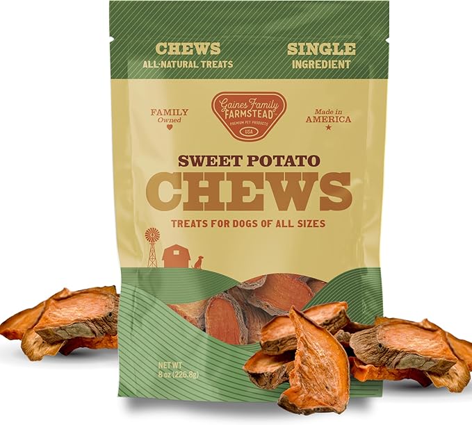 Gaines Family Farmstead Sweet Potato Chews for Dogs - 8 oz Bag, Single Ingredient, Dehydeated Sweet Potato Dog Treats, High Fiber, Grain-Free, Rawhide Alternative, Vitamin-Rich, Made in USA