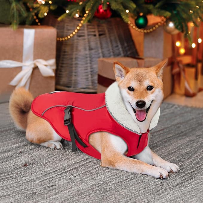 EMUST Dog Coat, Waterproof Pet Snow Jacket for Winter, Adjustable Small/Medium/Large Dog Coat/s for Winter, Red, L
