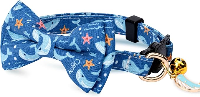 2 Pack Cotton Cat Collar with Bow Tie and Bell for Girl Boy Cats,Cute Pink Flamingo and Blue Whale Pattern Spring Summer Breakaway Cat Collar for Male Female Cats (Flamingo&Whale)