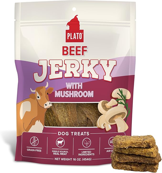 PLATO Pet Treats Jerky Dog Treats - Air-Dried Beef Jerky with Mushroom - Grain Free, High Protein - 16oz