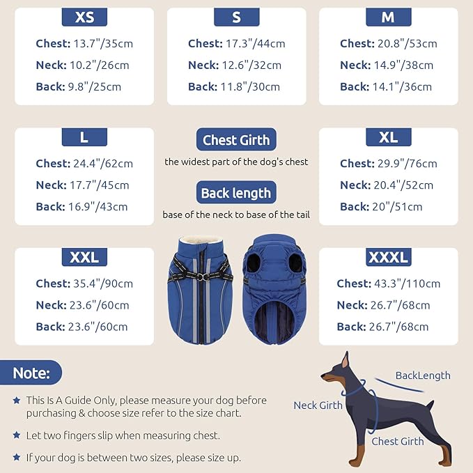 Dog Winter Coat with Harness Built in Warm Puffer Dog Jackets for Small Medium Large Dogs Windproof Waterproof Outfit with Plush Lining and Reflective Stripes (Blue, L)