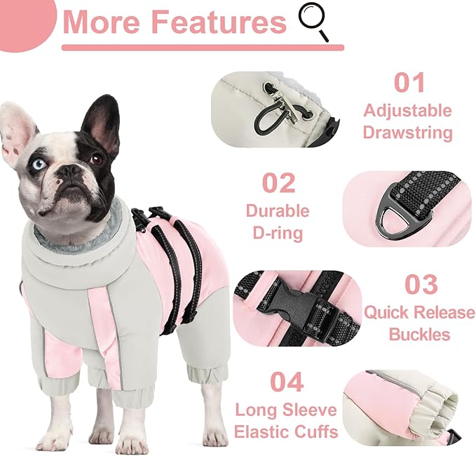 KOESON Four Legged Warm Dog Jacket with Adjustable Buckles, Turtleneck Windproof Fleece Reflective Fullbody Puffer Coat - Pink Grey M