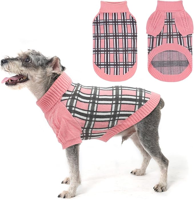 SCENEREAL Turtleneck Dog Sweater for Small Medium Large Dogs Girls Boys, Christmas Plaid Pullover Puppy Sweatershirt, Dogs Cold Weather Outfit Clothes, Ideal Gift for Pet in New Year, Pink Plaid S