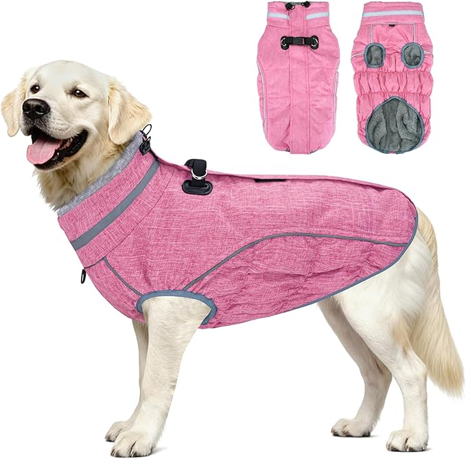 Malier Dog Coat, Reflective Dog Jacket Waterproof Windproof Puppy Cold Weather Coats with Harness Built in, Winter Extra Warm Pet Coat Fleece Vest for Small Large Pets and Puppy (Pink, Large)