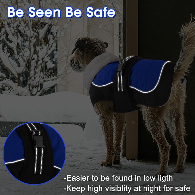 Dogcheer Waterproof Dog Coat, Christmas Dog Winter Jacket, Adjustable Puppy Fleece Coat for Cold Weather, Reflective Turtleneck Snow Jacket for Small Medium Large Dogs - Blue, M