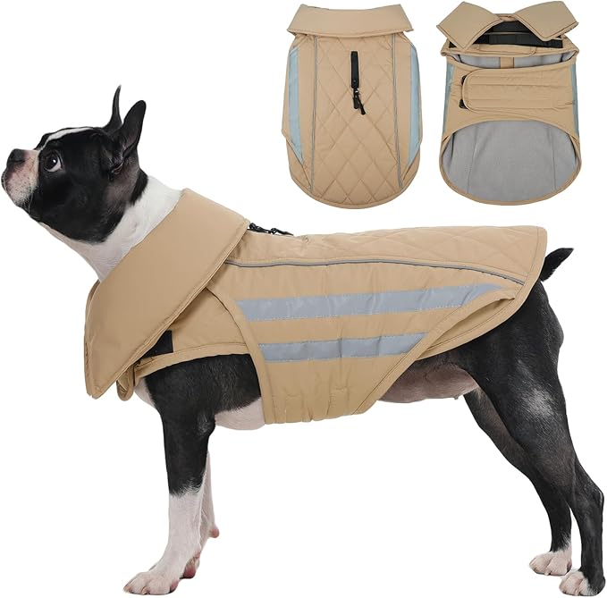 IECOii Dog Coat for Winter - Waterproof & Warm Dogs Coats, Reflective & Adjustable Jacket for Outdoor Cold Weather, Mashine Washable, Khaki, Sizes L