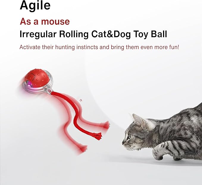 Interactive Cat Toy – Motion Activated Rolling Ball with LED Lights & 3 Play Modes & Two Different Tails - Best Toy for Indoor Cats & Kittens to Stay Active and Stimulate Hunting Instinct