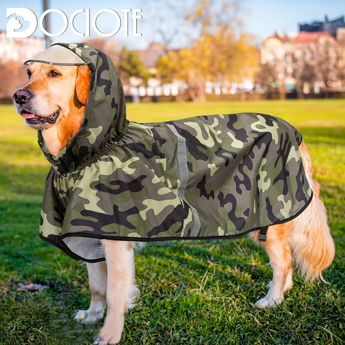 Dog Raincoat with Adjustable Belly Strap and Leash Hole - Hoodie with Reflective Strip - Waterproof Slicker Lightweight Breathable Rain Poncho Jacket for Medium Large Dogs - Easy to Wear
