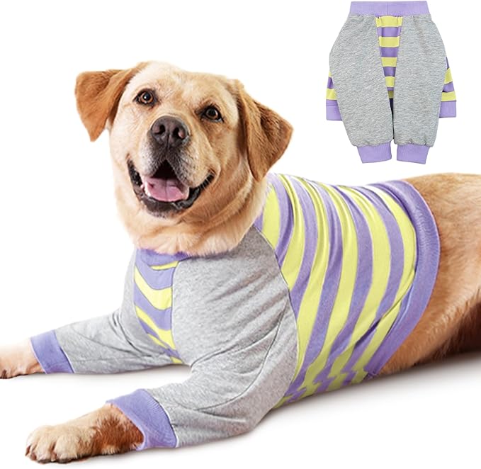 FUAMEY Dog Recovery Sleeve with Elbow Protector,Dogs Shirt Stop Licking Joints,Pet Long Sleeve Suit Protecting Dog's Front Leg Arm Wounds Cover Skin Conditions Purple Stripes 3XL