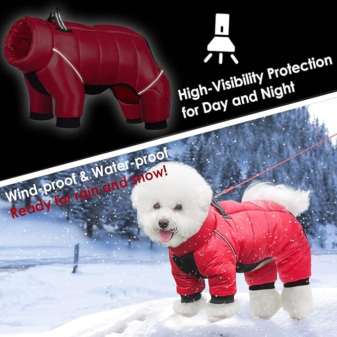 AOFITEE Dog Coat, Waterproof Dogs Jacket for Winter, Warm Fullbody Small Dog Snowsuit, Winter Coat for Small Dogs, Zip Up Pet Puffer Jacket Fleece Vest, Reflective Pet Snow Jackets, Christmas Red