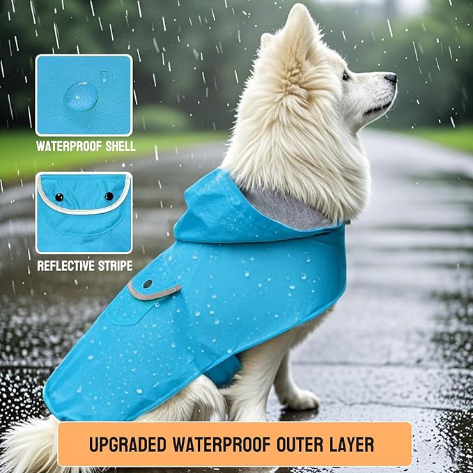 Small Dog Raincoat Dogs Rain Jacket Reflective Poncho Rainwear Waterproof Pet Clothes Warm Lined Pocket Hooded Leash Hole Adjustable for Puppy,Blue,S,Back Length 8.3 Inch