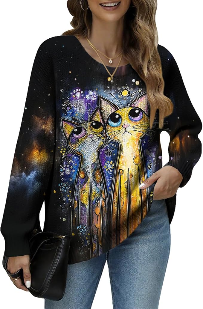 Women's Cat Printed Sweater Oversized Cable Knit Long Sleeve Christmas Clothes Casual Autumn Winter Fashion Tops